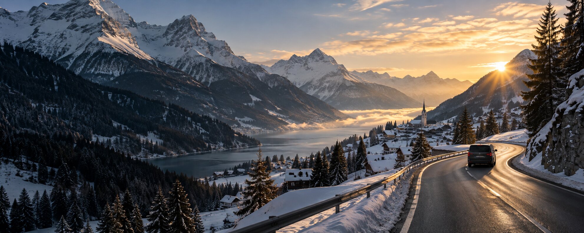 Route hivernale dans les Alpes suisses